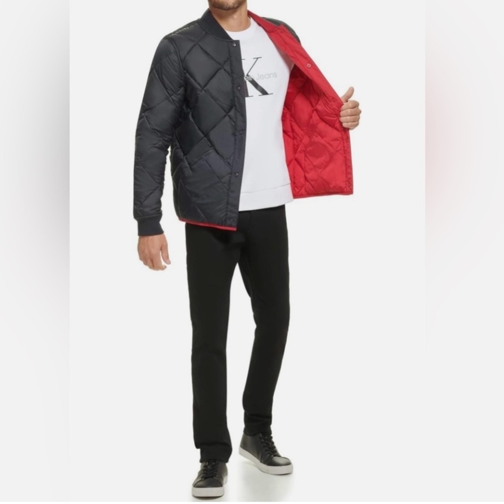 NWT Calvin Klein MEDIUM Sorona Aura Red Black Quilted Reversible Snap Jacket